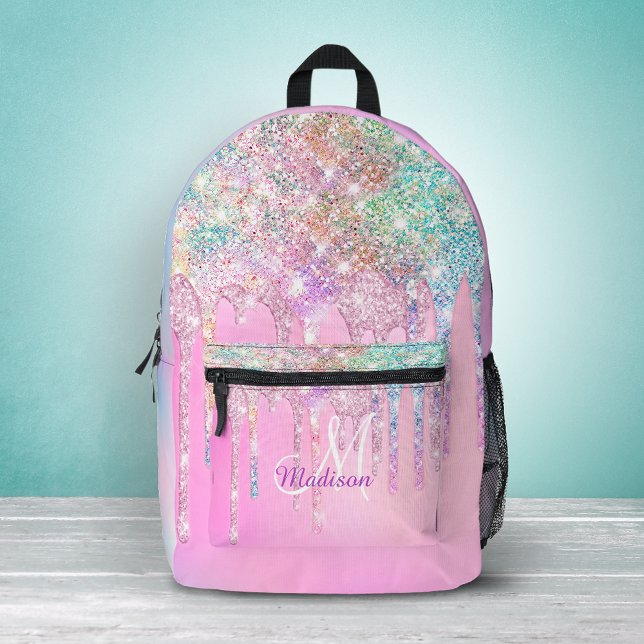 Cute Pink Unicorn Rainbow Glitter Drips monogram Printed Backpack (Creator Uploaded)
