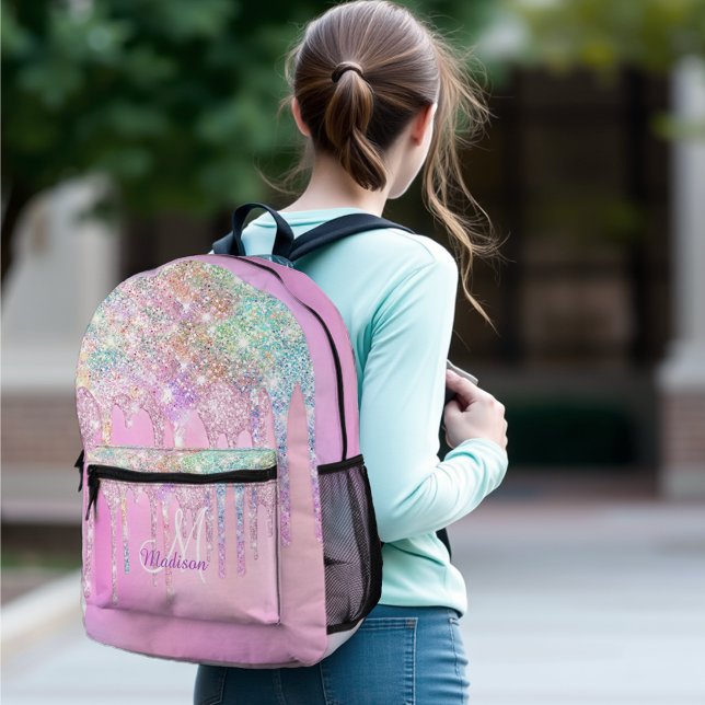 Cute Pink Unicorn Rainbow Glitter Drips monogram Printed Backpack (Creator Uploaded)