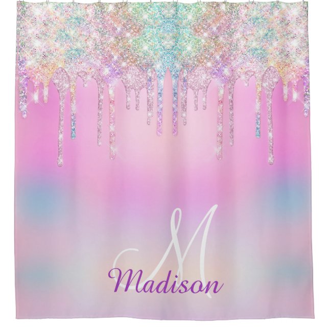 Cute Pink Unicorn Rainbow Glitter Drips monogram Shower Curtain (Front)