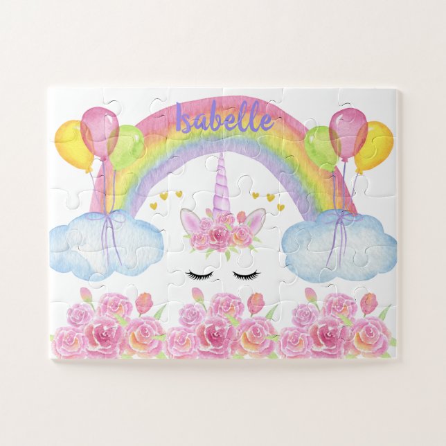 Cute Pink Unicorn Rainbow Glitter Hearts Jigsaw Puzzle (Horizontal)