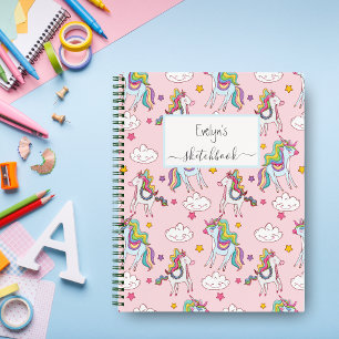 Cute Pink Unicorn Rainbow Sketchbook Your Name  Notebook