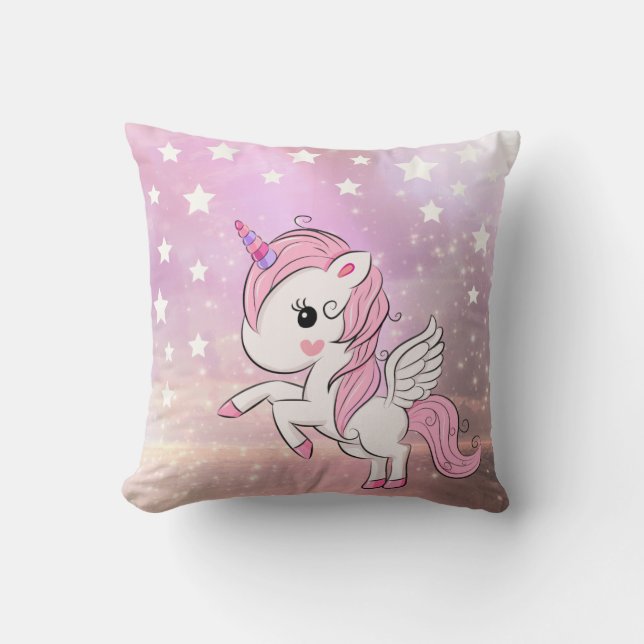 Cute Pink Unicorn Stardust Girls Bedroom Nursery Cushion (Front)