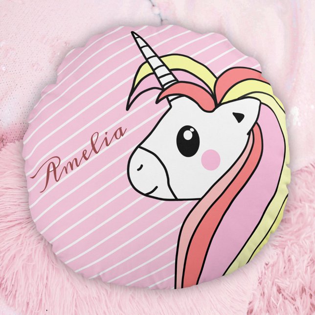 Cute Pink Unicorn Stripe Pattern Girl Name Round Cushion (Creator Uploaded)