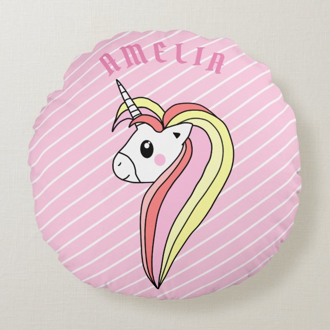 Cute Pink Unicorn Stripe Pattern Girly Kids Name Round Cushion (Front)