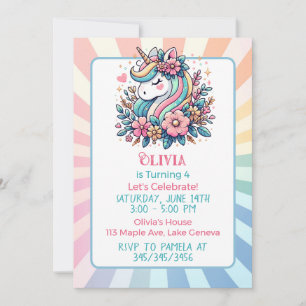 Cute Pink Unicorn themed Girl's Birthday Invite