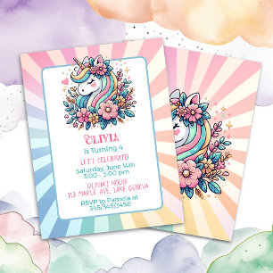 Cute Pink Unicorn themed Girl's Birthday Invite Postcard
