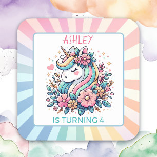 Cute Pink Unicorn themed Girl's Birthday Square Sticker