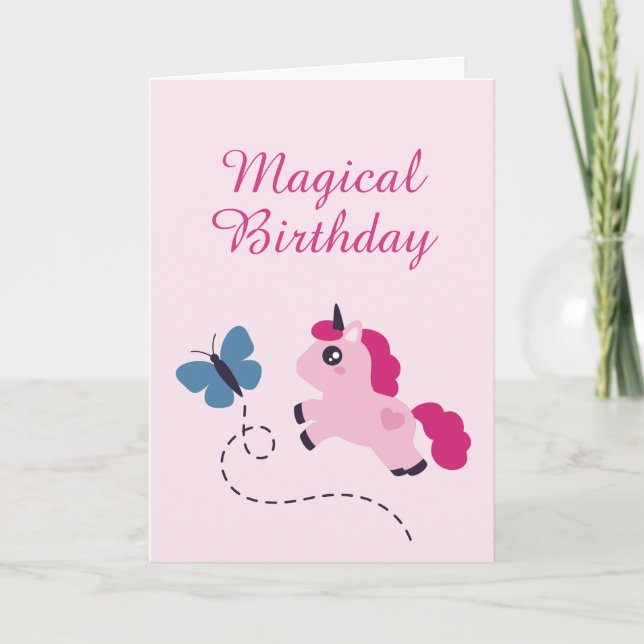 Cute Pink Unicorn with a Butterfly Card (Front)