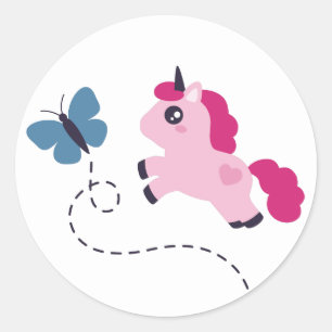 Cute Pink Unicorn with a Butterfly Classic Round Sticker