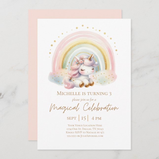 Cute Pink Unicorn with Rainbow Birthday Invitation (Front/Back)