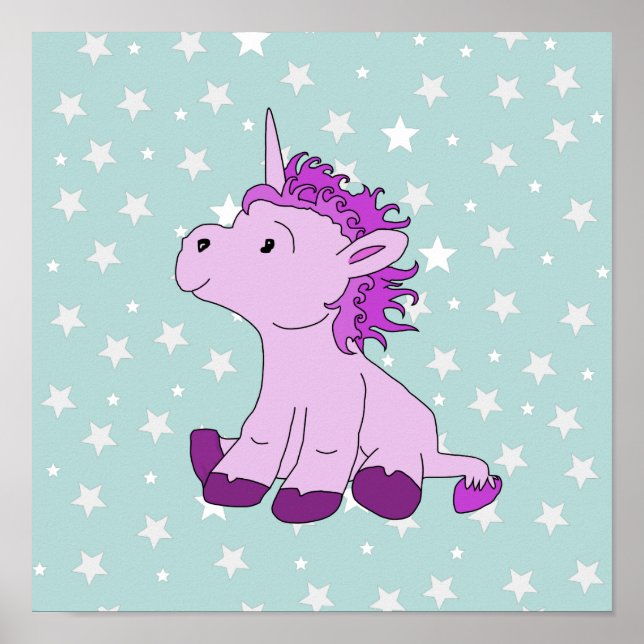 Cute Pink Unicorn with Stars Girl Nursery Poster (Front)