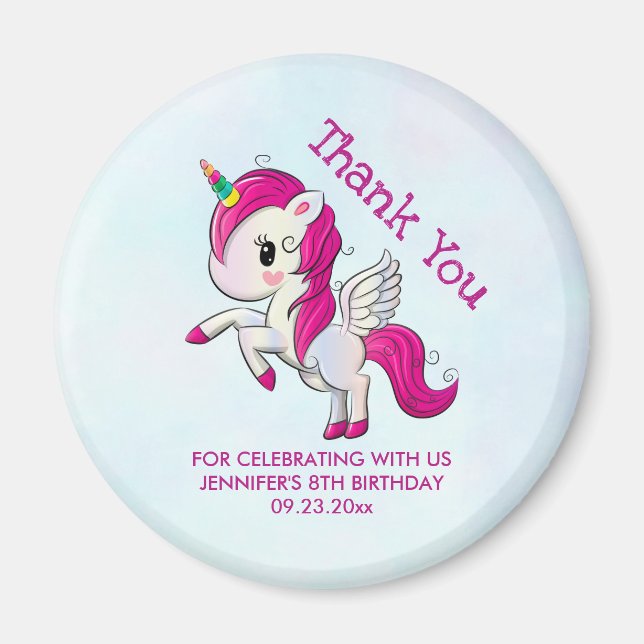 Cute Pink Unicorn with Wings Birthday Magnet (Front)
