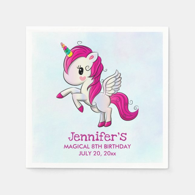 Cute Pink Unicorn with Wings Birthday Napkin (Front)