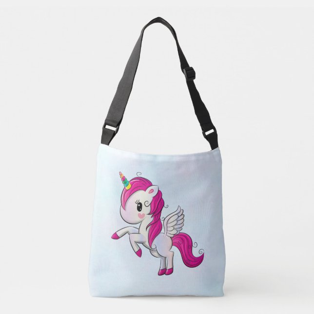Cute Pink Unicorn with Wings Crossbody Bag (Front)