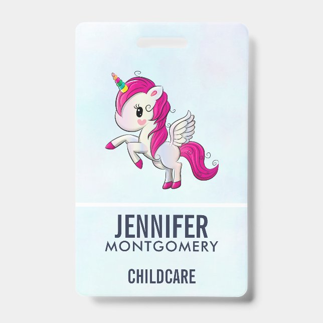 Cute Pink Unicorn with Wings ID Badge (Front)