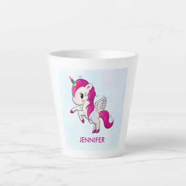Cute Pink Unicorn with Wings Latte Mug (Front)