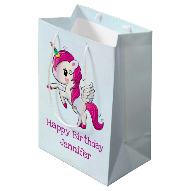 Cute Pink Unicorn with Wings Medium Gift Bag (Front Angled)