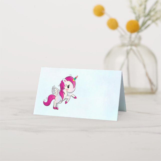 Cute Pink Unicorn with Wings Place Card (Front)