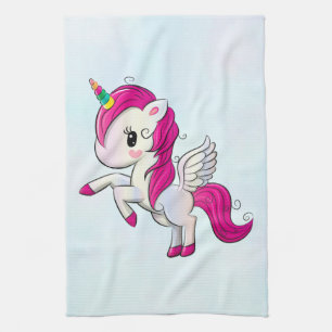 Cute Pink Unicorn with Wings Tea Towel