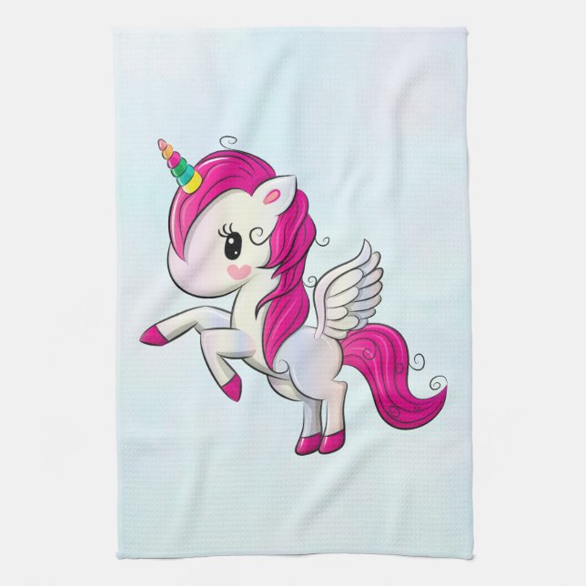 Cute Pink Unicorn with Wings Tea Towel (Vertical)