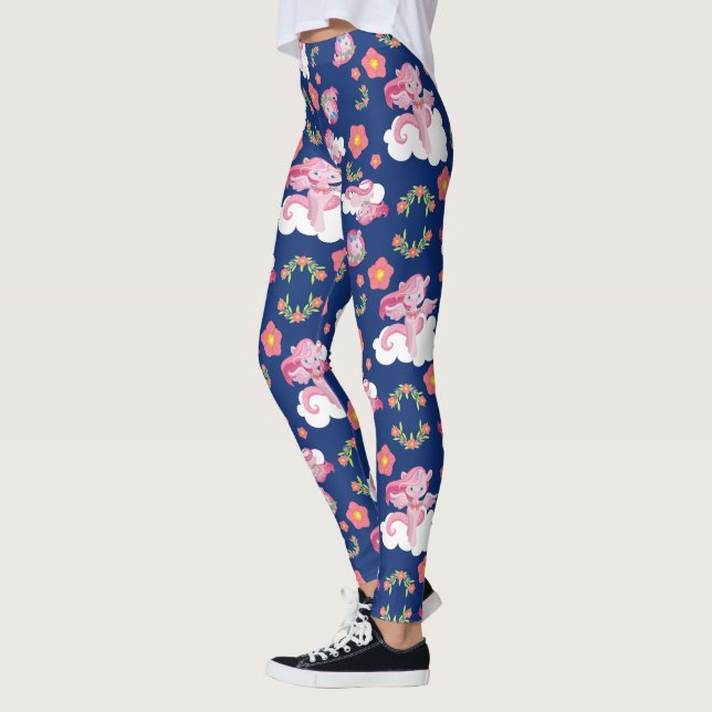 Cute Pink Unicorns and Floral Pattern Leggings (Left)
