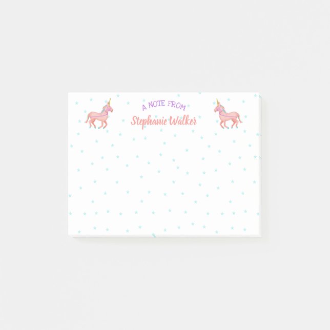 Cute Pink Unicorns and Stars | Personalised Post-it Notes (Front)