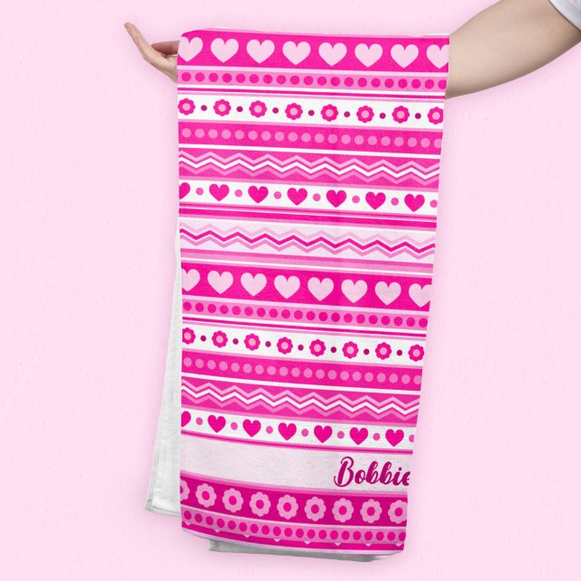 Cute Pink Valentine’s Day Heart and Flowers Girly  Beach Towel (Creator Uploaded)