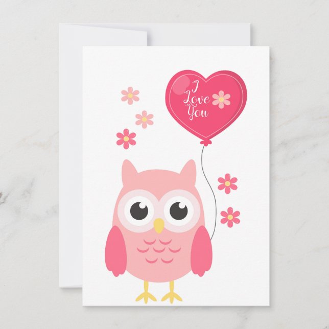 Cute Pink Valentines Owl I Love You Holiday Card (Front)