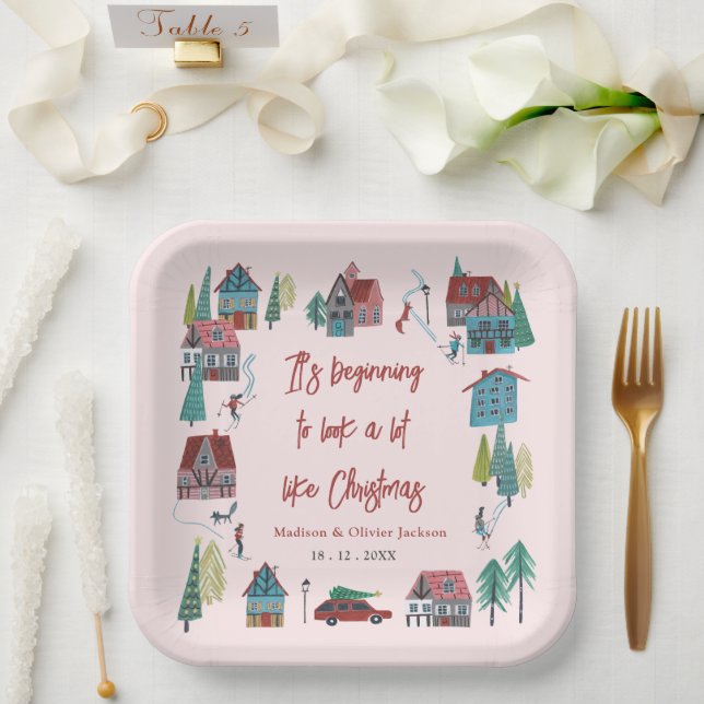 Cute Pink Village Christmas Party Paper Plate (Wedding)