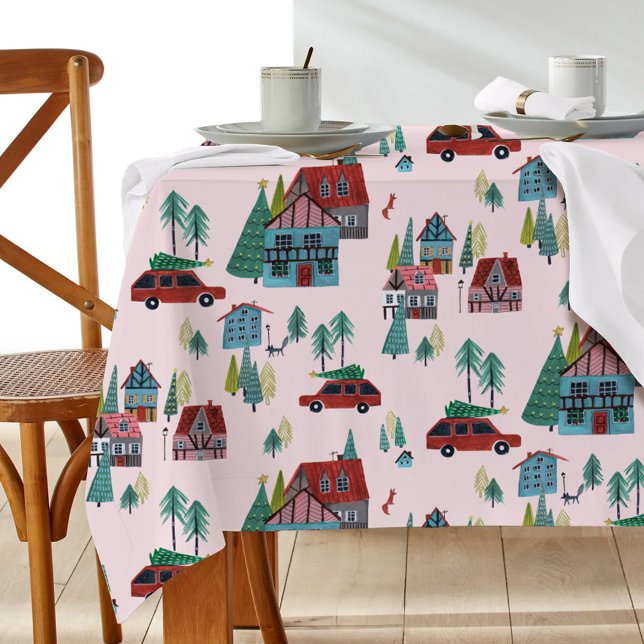 Cute Pink Village Pattern Christmas  Tablecloth (Cute Pink Village Pattern Christmas Tablecloth)