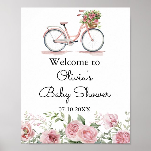 Cute Pink Vintage Bicycle Girl Baby Shower Poster (Front)