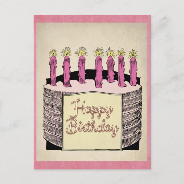 Cute Pink Vintage Happy Birthday Cake Candles Postcard (Front)