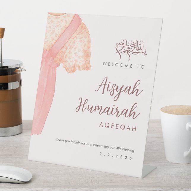 Cute Pink Watercolor Baby Girl Aqiqah Welcome Sign (In SItu)