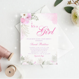 Cute Pink Watercolor Baby Girl Shower Invitation