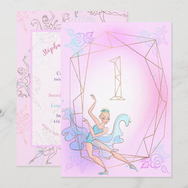 Cute Pink Watercolor Ballerina Gold Geometric Name Invitation (Front/Back)