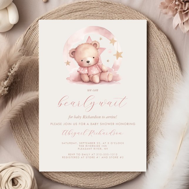 Cute Pink Watercolor Bear Girl Baby Shower Invitation (Creator Uploaded)