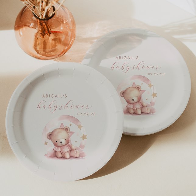 Cute Pink Watercolor Bear Girl Baby Shower Paper Plate (Creator Uploaded)