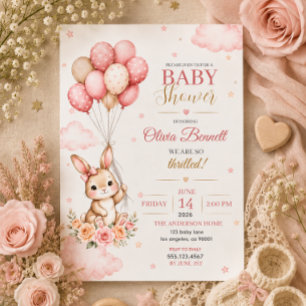 Cute Pink Watercolor Bunny Girl Baby Shower Invitation
