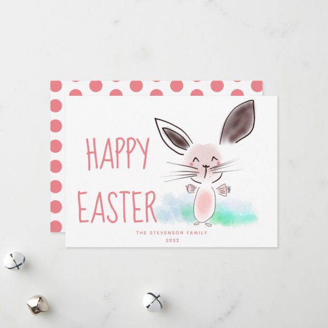  Cute Pink Watercolor Bunny Happy Easter Holiday Card (Front/Back In Situ)