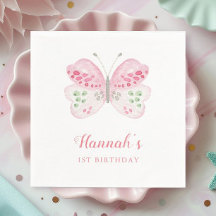 Cute Pink Watercolor Butterfly 1st Birthday Party Napkin