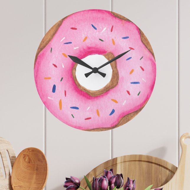 Cute Pink Watercolor Doughnut Large Clock (Creator Uploaded)