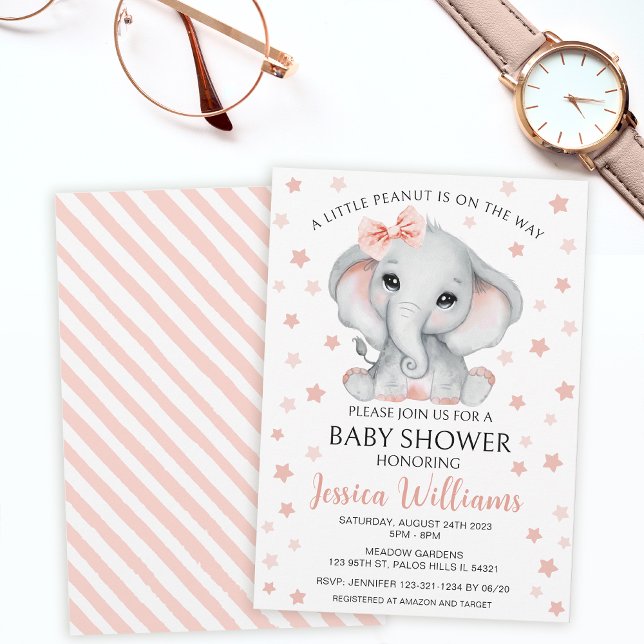 Cute pink watercolor elephant baby girl shower invitation (Creator Uploaded)