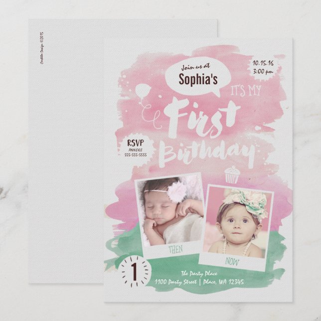 Cute Pink Watercolor First Birthday Party Girl  Invitation (Front/Back)