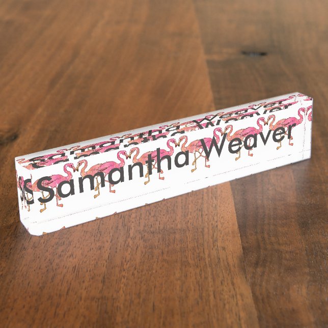 Cute Pink Watercolor Flamingos on White Nameplate (Side)