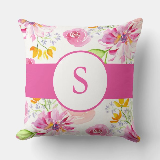 Cute Pink Watercolor Flowers and Monogram Cushion (Front)