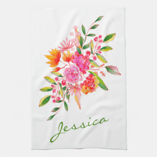 Cute Pink Watercolor Flowers Personalised Name Tea Towel