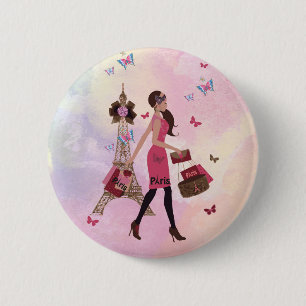 Cute Pink Watercolor Girl Paris Eiffel Tower 6 Cm Round Badge