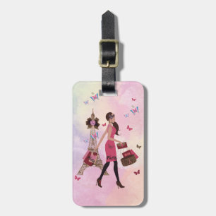 Cute Pink Watercolor Girl Paris Eiffel Tower Luggage Tag