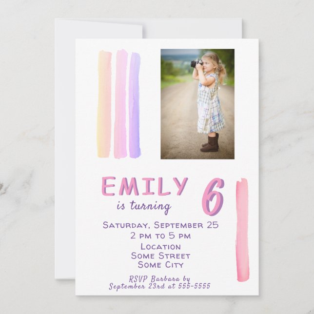 Cute Pink Watercolor Girly Photo Birthday Party Invitation (Front)
