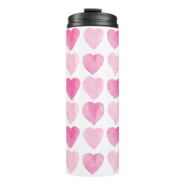 Cute Pink Watercolor Hearts Thermal Tumbler (Front)